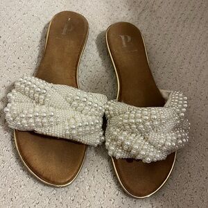 Pearl-Embellished White Sandals